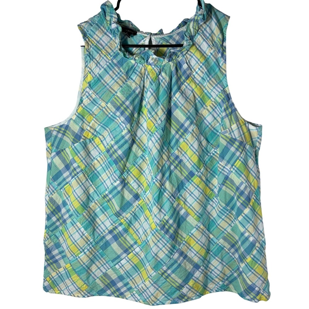 Talbots Womens XL Patchwork Plaid Sleeveless Top Turquoise Green Ruffle Neck